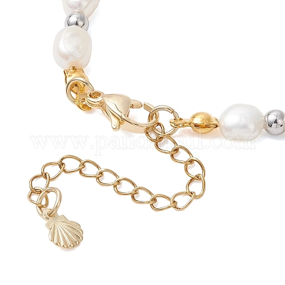 Браслеты из натурального культивированного пресноводного жемчуга и латунных бусин для женщин BJEW-JB12894-1