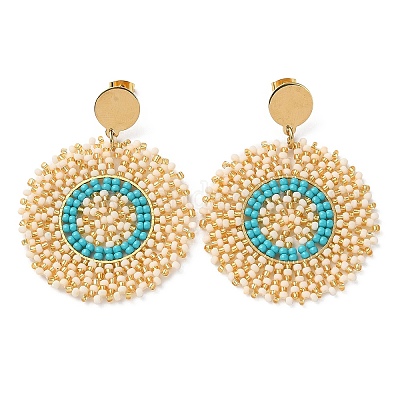 Плоские круглые серьги-гвоздики с плетеными стеклянными бусинами EJEW-A105-12G-1