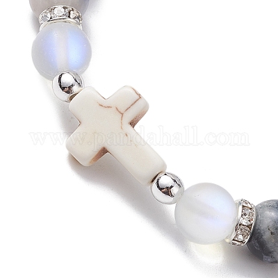 Женские эластичные браслеты из бисера с перекрестными натуральными и синтетическими драгоценными камнями BJEW-JB10165-1