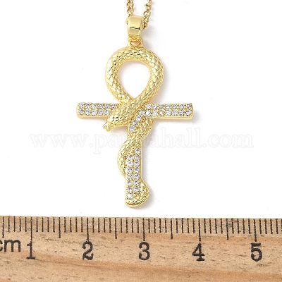 Латунный микропаве прозрачный кубический цирконий ожерелья с подвеской в виде креста анкх NJEW-S446-01G-1