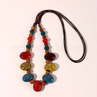Овальные фарфоровые бусины в этническом стиле с нагрудником и шнуром из искусственной кожи FS-WGD6870-02-1