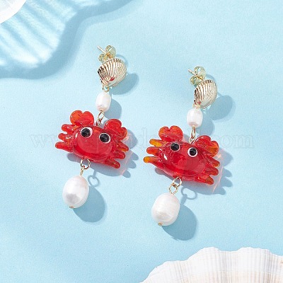 Серьги-гвоздики в виде краба ручной работы в технике лэмпворк EJEW-TA00761-1