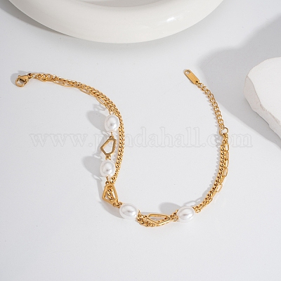Элегантные двухслойные браслеты-цепочки из нержавеющей стали 304 с искусственным жемчугом HM7489-8-1