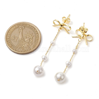 Серьги-пусеты из латуни с бантом и подвесками EJEW-TA00394-1