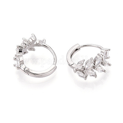 Серьги-кольца в форме листа с микропаве из кубических цирконий из латуни EJEW-T048-41B-P-1