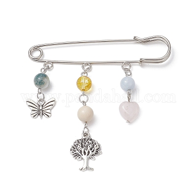 Wholesale Natural & Synthetic Mixed Gemstone Heart & Butterfly & Tree  Charms Safety Pin Brooch 