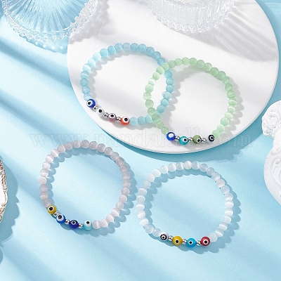 4 шт. 4-цветные браслеты-лампворк с круглыми бусинами кошачий глаз и сглаз ручной работы для женщин BJEW-JB12289-1