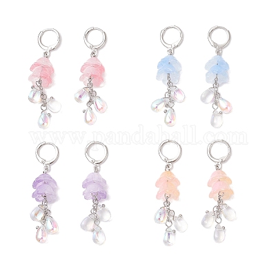 4 пара двухцветных серег-цветков из нержавеющей стали со стеклянной застежкой-капелькой EJEW-TA00704-1