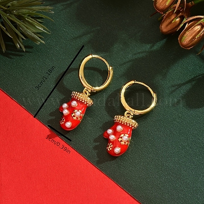 Серьги-кольца из латуни с эмалью «снежинка с рождественскими перчатками» QN1385-1