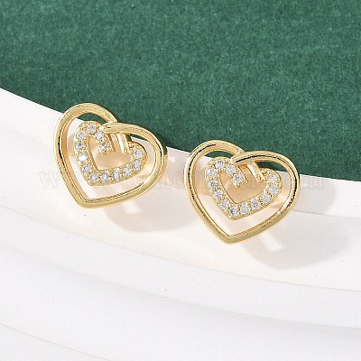 Серьги-гвоздики в форме сердца из латуни с прозрачным фианитом и прозрачным фианитом EJEW-F400-28A-G-1