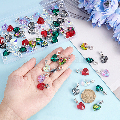 SUNNYCLUE 1 Box 60pcs 6 Color European Dangle Charms Heart Charms Large Hole Faceted Charms for Jewelry Making Glass Heart Charms