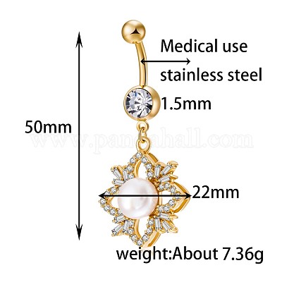 Латунное кольцо с фианитом и жемчугом в области пупка AJEW-EE0004-05-1