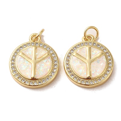 Плоский круглый со знаком мира и башней из латуни с микропаве фианитами и подвесками из синтетического опала KK-D096-07B-G-1