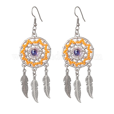 Плоские круглые с перьями стеклянные бусины ручной работы серьги-люстры EJEW-MZ00473-03-1