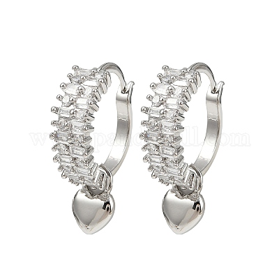 Серьги-кольца из латуни с микропаве и прозрачным кубическим цирконием в форме сердца EJEW-S275-04P-1