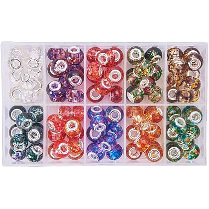 PandaHall 100 Pieces 10 Colors Spray Painted Glass European Beads Large Hole Beads with Silver Plated Double Cores for Jewelry Making GPDL-PH0001-01S-1
