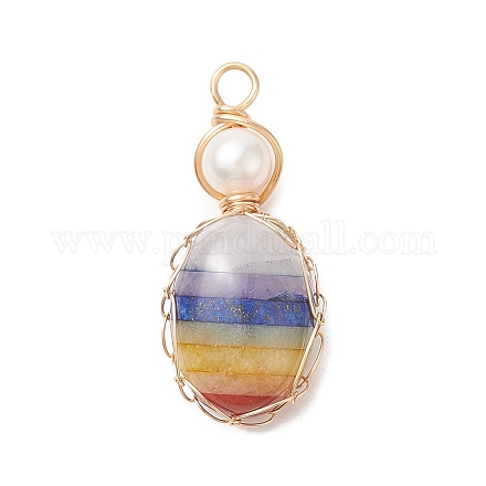 Chakra Natural Mixed Gemstone Copper Wire Wrapped Pendants PALLOY-JF02046-01-1