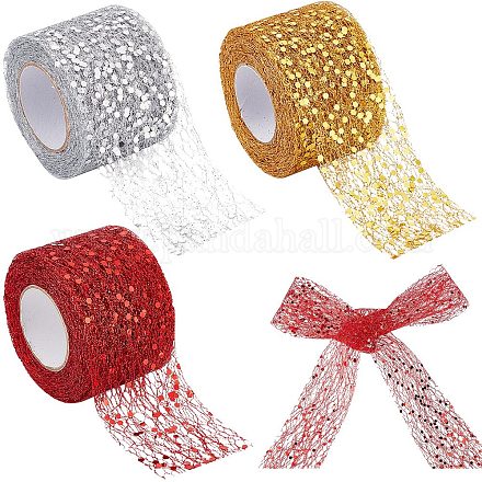 GORGECRAFT 30 Yards 3 Styles Sparkling Mesh Ribbon 2 Inch Width Satin Organza Metallic Web Glitter Sequins Decorative Wire Edge Tulle Roll Spool Fabric Net for Gift Wrapping Christmas Tree ORIB-GF0001-05-1