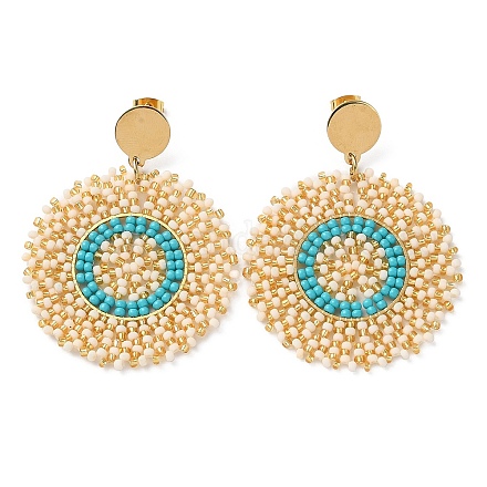 Woven Glass Beaded Flat Round Dangle Stud Earrings EJEW-A105-12G-1