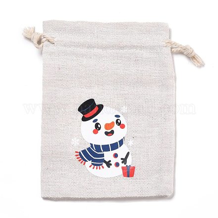 クリスマスコットンクロス収納ポーチ  長方形巾着袋  キャンディーギフトバッグ用  雪だるま模様  13.8x10x0.1cm ABAG-M004-02M-1