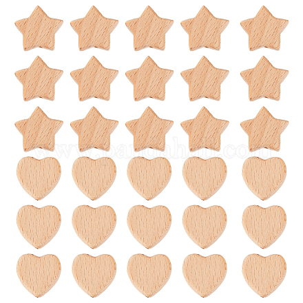 Olycraft 30 pièce de 2 styles de perles en bois naturel en forme d'étoile et de cœur WOOD-OC0002-74-1