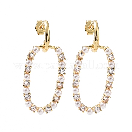 Orecchini pendenti ovali con zirconi cubici trasparenti con perla di plastica con perline EJEW-C008-25G-1