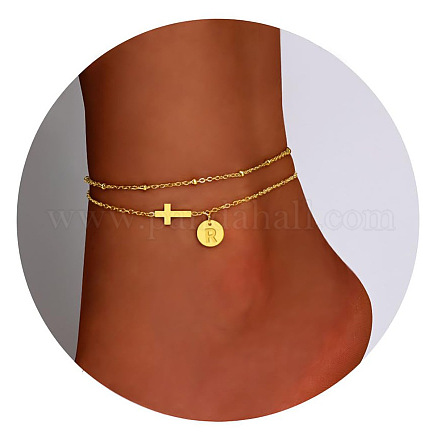 Браслеты на ногу из латуни с боковыми поперечными связями и плоскими круглыми начальными подвесками FS-WG12DAA-15-1