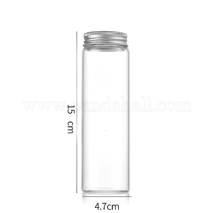 コラムガラススクリュートップビーズ貯蔵チューブ  アルミニウム製の口が付いた透明なガラス瓶  銀  4.7x15cm  容量：200ml（6.76fl.oz） CON-WH0086-094H-01-1