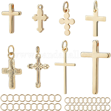 BENECREAT 16Pcs 8 Styles 18K Gold Plated Cross Pendants Brass Pendants and 40Pcs 2 Size 304 Stainless Steel Jump Rings for DIY Necklace Earrings Jewelry Making KK-BC0002-81-1