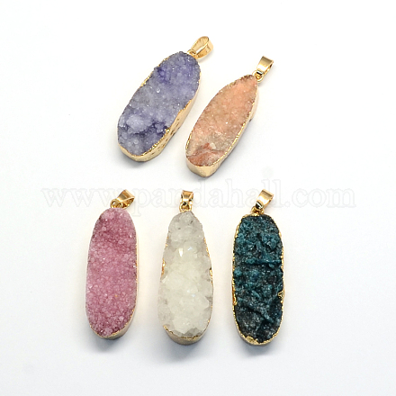 Plated Natural Druzy Agate Oval Pendants G-R275-14-1