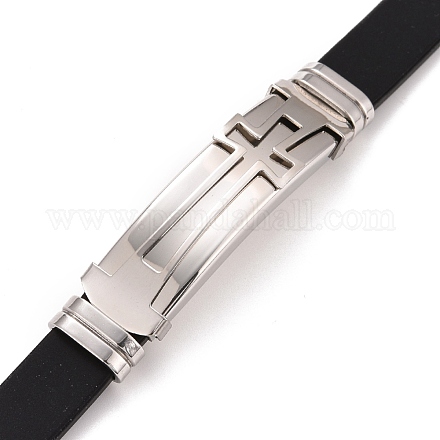 201 rectangle en acier inoxydable avec bracelet à maillons croisés avec cordon en cuir pu pour hommes femmes BJEW-G649-08P-1