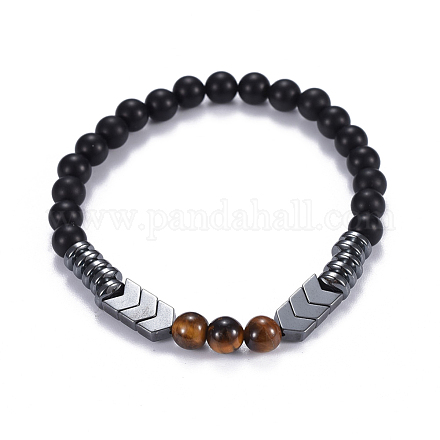 Natural Black Agate(Dyed) & Tiger Eye Beads Stretch Bracelets BJEW-JB04219-04-1