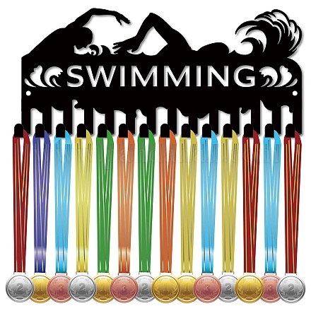 CREATCABIN Swimming Medal Hanger Display Medal Holder Rack Sports Metal Hanging Awards Iron Small Mount Decor with 14 Hooks for Wall Home Badge Race Soccer Gymnastics Swimming Black 11.4 x 5.1 Inch AJEW-WH0390-016-1