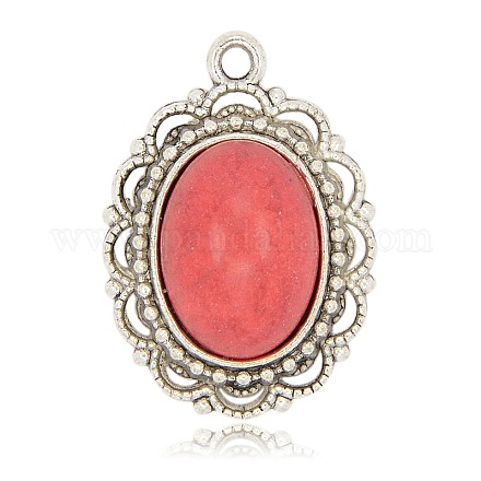 Antique Silver Plated Alloy Pendants with Synthetic Turquoise Oval Cabochons PALLOY-J230-01AS-1