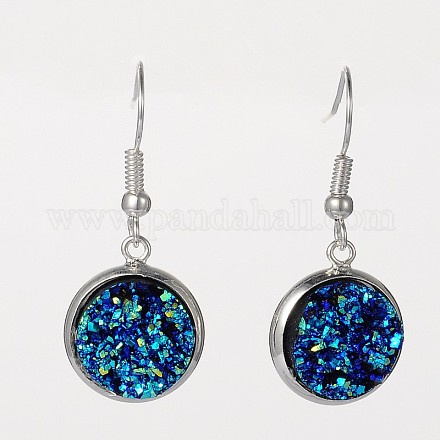 Silver Color Plated Flat Round Brass Druzy Resin Dangle Earrings EJEW-JE01664-01-1