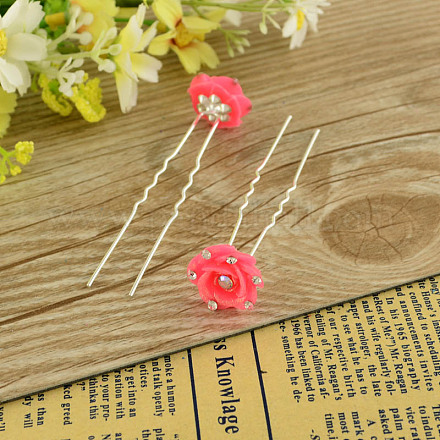 Lady's Hair Accessories Silver Color Iron Resin Flower Hair Forks PHAR-S199-10-1
