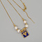 Summer Glass Seed Beaded Square with Heart Pendant Natural Pearl & Brass Beaded Necklaces for Women, Golden, Blue, 23.62 inch(60cm)
