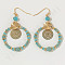 Brass Glass Flat Round with Rondelle Beaded Dangle Earrings, Golden, Dark Turquoise, 55mm