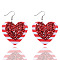 PU Leather Heart with Stripe Dangle Earrings, Platinum, with Glitter Powder, Red, 56x43mm