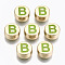 Alloy Enamel Beads, Cadmium Free & Lead Free, Flat Round with Initial Letters, Light Gold, Yellow Green, Letter.B, 8x4mm, Hole: 1.5mm