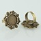 Vintage Adjustable Iron Finger Ring Components Alloy Flower Cabochon Bezel Settings, Cadmium Free & Nickel Free & Lead Free, Antique Bronze, Flat Round Tray: 15mm, 17mm
