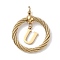 304 Stainless Steel Pendants, Twisted Flat Round with Letter, Ion Plating(IP), Real 18K Gold Plated, with Jump Rings and 201 Stainless Steel Beads, Letter U, 27x23.5~24x6mm, Hole: 3mm