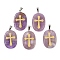 Natural Amethyst Pendants, Oval with Engraved Gold Cross Charms, with Stainless Steel Bails, Stainless Steel Color, 38~39x25x7mm, Hole: 7x4mm