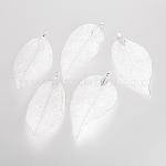 Electroplated Natural Leaf Big Pendants, with Iron Findings, Silver Plated, 70~100x30~50x1mm, Hole: 3x6mm
