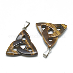 Colgantes de ojo de tigre naturales, con broches de presión de acero inoxidable, Nudo de trinidad / triquetra, irlandesa, 23~40x33~38x5~7mm, agujero: 6x4 mm