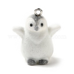 Colgantes de resina flocky, pingüino, con lazo de hierro platino, blanco, 27x23x16mm, agujero: 2 mm