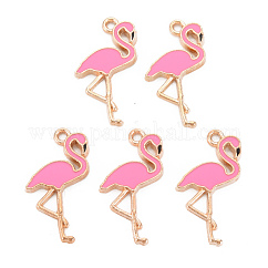 Colgantes de esmalte de aleación, Sin cadmio y níque y plomo, la luz de oro, forma de flamenco, color de rosa caliente, 25.5x15x2mm, agujero: 1.6 mm
