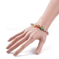Fleur avec mauvais œil bracelet extensible en perles de verre et de fer pour femme&nbsp;BJEW-JB08076