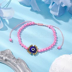 手作りのランプワークのナザールボンジュウとガラスのシードビーズの編み込みビーズブレスレット  女性のための調節可能なブレスレット  パールピンク  内径：1-7/8~3-1/2インチ（4.9~8.8cm）&nbsp;BJEW-MZ00090-05