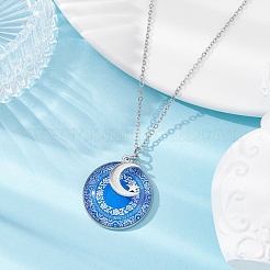 スチール ブルー ガラス フラット ラウンド & アロイ ペンダント ネックレス  304ステンレススチールチェーン付き  ムーン  18.35インチ（46.6cm）&nbsp;NJEW-JN04453-03